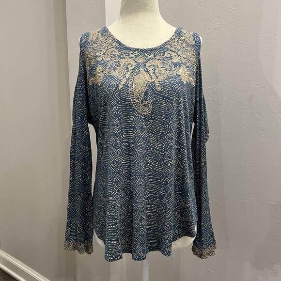 Lucky Brand Tops - Lucky Brand Cold Shoulder Top, Blue with Brown/Gold Paisley Stitching Size L